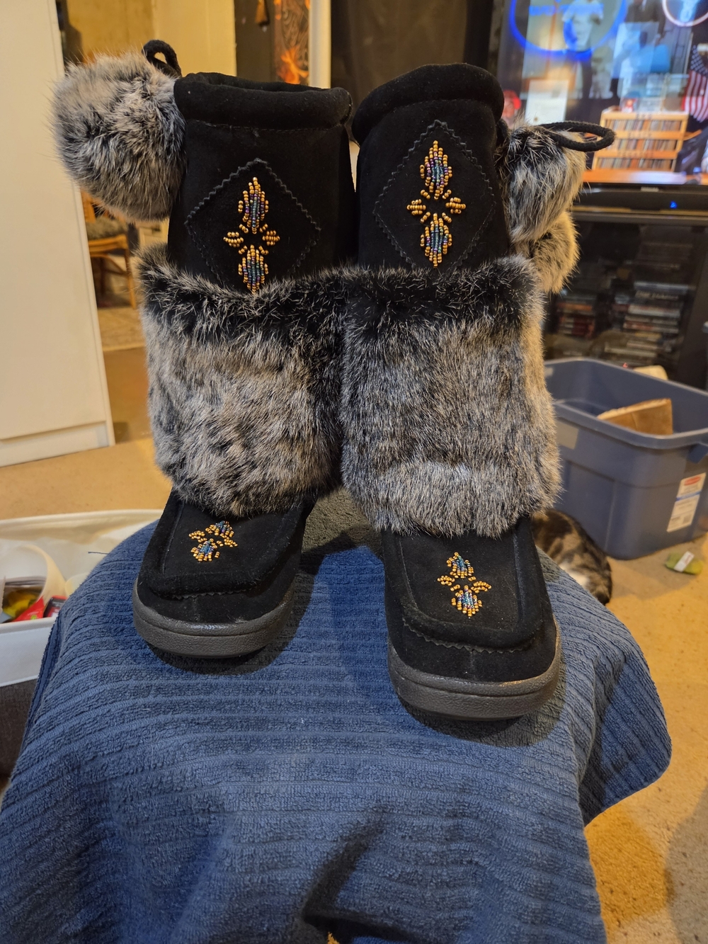 Tail Black Faux Fur Kids Winter Boots with Multicolor Beaded Accents